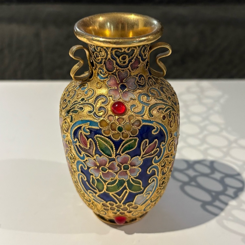 Vintage Miniature Ornate Gold and Blue Floral Vase